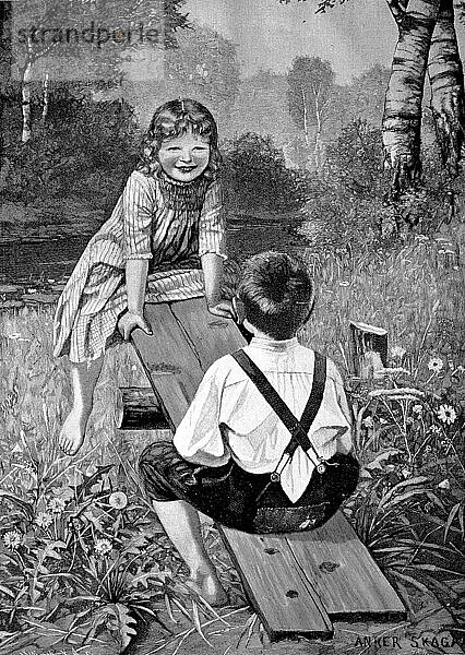 Kinder spielen mit einer Wippe auf der Wiese und haben Spaß  draußen  um 1870  Deutschland  Historisch  digital restaurierte Reproduktion einer Vorlage aus dem 19. Jahrhundert  Europa
