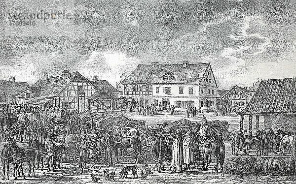 Sensburg  Ostpreußen  Polen  Hauptquartier des Vizekönig Engen  am 13. Juni 1812  Napoleons Russlandfeldzug von 1812  Historisch  digital restaurierte Reproduktion einer Vorlage aus dem 19. Jahrhundert  Europa
