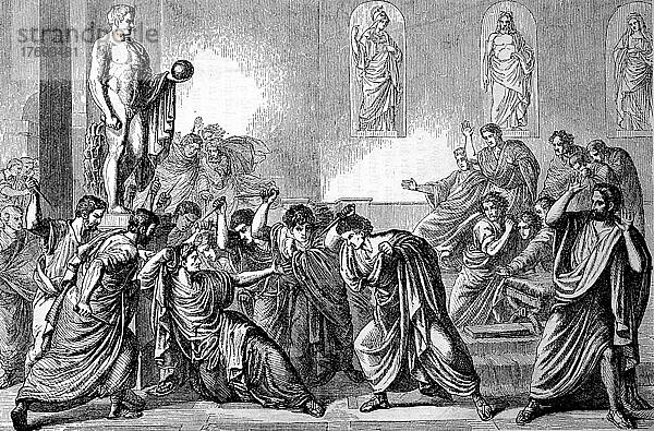 Der Tod Cäsars  44 v. Chr. Gaius Julius Caesa  Rom  die Geschichte des alten Roms  Römisches Reich  Italien  Historisch  digital restaurierte Reproduktion einer Vorlage aus dem 19. Jahrhundert  Europa