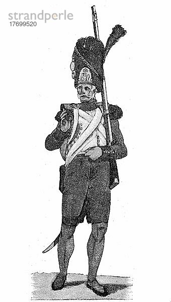 Grenadier der alten Garde von Napoleon  Frankreich  Historisch  digital restaurierte Reproduktion einer Vorlage aus dem 19. Jahrhundert  Europa