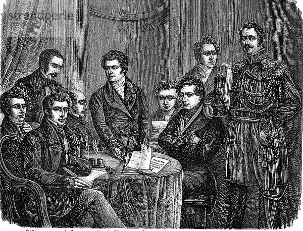 Die Mitglieder der provisorischen Regierung von Brüssel  1830  Belgien  Historisch  digital restaurierte Reproduktion einer Vorlage aus dem 19. Jahrhundert  Europa
