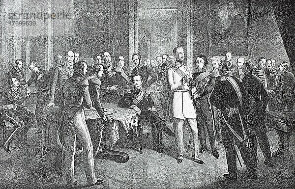 Erste Zusammenkunft der Mitglieder der Dresdner Konferenz im Brühlschen Palais 1850  Auf den Dresdner Konferenzen verhandelten die deutschen Staaten vom 3. bzw. 23. Dezember 1850 bis zum 15. Mai (1851)  Historisch  digital restaurierte Reproduktion einer Vorlage aus dem 19. Jahrhundert