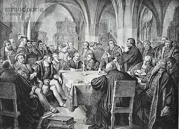 Das Marburger Kolloquium war ein Treffen im Marburger Schloss in Marburg  Hessen  Deutschland  bei dem versucht wurde  eine Disputation zwischen Martin Luther und Ulrich Zwingli über die Realpräsenz Christi in der Eucharistie zu lösen. Es fand zwischen dem 1. Oktober und dem 4. Oktober 1529 statt  Historisch  digital restaurierte Reproduktion einer Vorlage aus dem 19. Jahrhundert  Europa