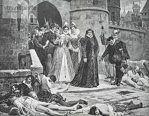Katharina von Medici nach dem Massaker vom Bartholomäus-Tag 1572  einer gezielten Reihe von Morden und einer Welle katholischer Mobgewalt  die sich gegen die Hugenotten  französische calvinistische Protestanten  während der französischen Religionskriege richtete  Historisch  digital restaurierte Reproduktion einer Vorlage aus dem 19. Jahrhundert