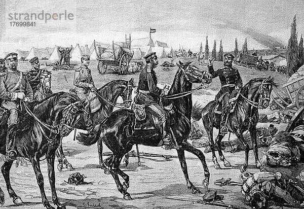 Albert von Sachsen im eroberten Lager von Beaumont  Das Gefecht bei Beaumont fand am 30. August 1870 im Vorfeld der Schlacht bei Sedan statt  Historisch  digital restaurierte Reproduktion einer Vorlage aus dem 19. Jahrhundert