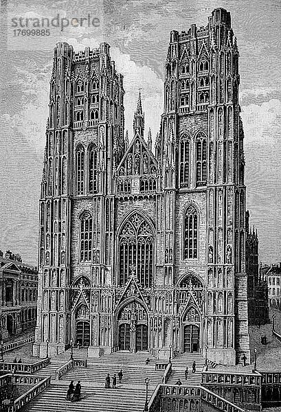 Die Kathedrale von St. Michael und St. Gudula ist eine römisch-katholische Kirche in Brüssel  Belgien  Historisch  digital restaurierte Reproduktion einer Vorlage aus dem 19. Jahrhundert  genaues Datum nicht bekannt  Europa