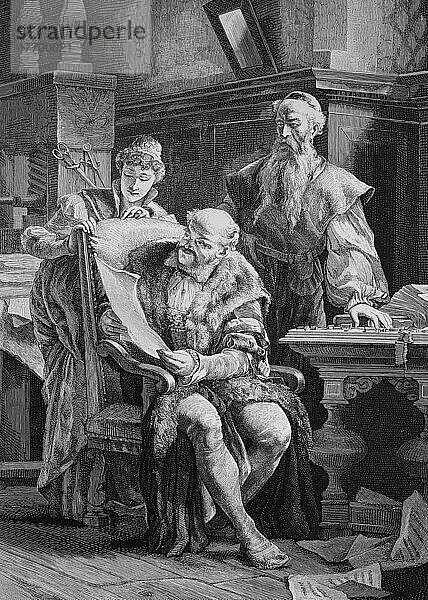 Johannes Gensfleisch zum Laden zum Gutenberg war ein deutscher Schmied  Goldschmied  Drucker und Verleger  der den Buchdruck in Europa einführte. Hier zeigt er seinem Freund Johann Fust einen ersten Druck  Historisch  digital restaurierte Reproduktion von einer Vorlage aus dem 19. Jahrhundert