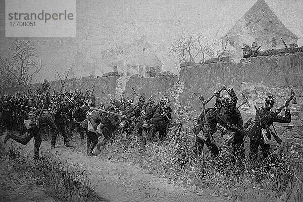 Die preußische Garde greift die Stadt Le Bourget in Frankreich an  preußisch-französischer Krieg 1870  Historisch  digital restaurierte Reproduktion von einer Vorlage aus dem 19. Jahrhundert
