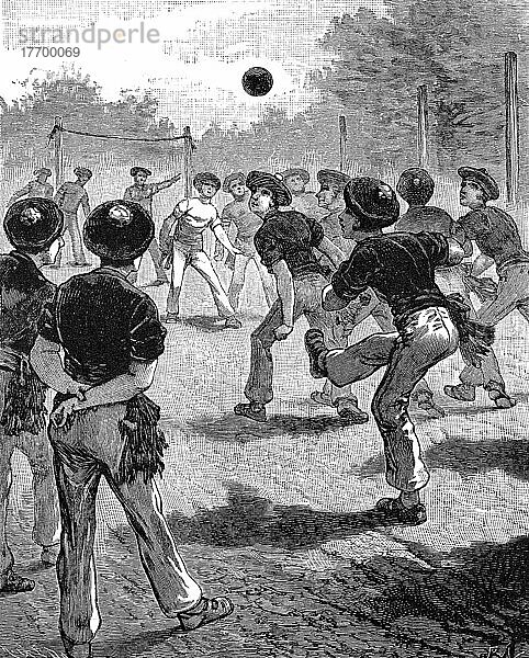 Junge Männer beim Fußballspiel in einer Sportstätte in London im Jahre 1870  England  digital restaurierte Reproduktion einer Originalvorlage aus dem 19. Jahrhundert  genaues Originaldatum nicht bekannt