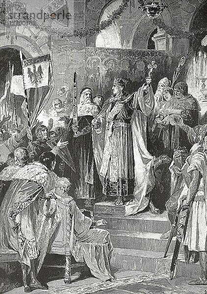 Udolf I. auch bekannt als Rudolf von Habsburg  Rudolf von Habsburg  war ab etwa 1240 Graf von Habsburg und wurde von 1273 bis zu seinem Tod zum deutschen König (König der Römer) gewählt. Er nimmt ein Kruzifix anstelle des fehlenden Zepters  Historisch  digital restaurierte Reproduktion einer Vorlage aus dem 19. Jahrhundert