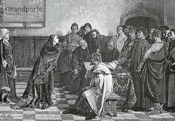 Maria  Herzogin von Burgund  13. Februar 1457  27. März 1482  bittet die Richter von Gent um Gnade für Hugonet und dHimbercourt  Historisch  digital restaurierte Reproduktion einer Vorlage aus dem 19. Jahrhundert