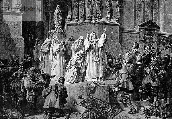 Kloster Frauenchiemsee  Deutschland  1640  Äbtissin Magdalena verhindert die Zerstörung des Klosters durch die Schweden  Historisch  digital restaurierte Reproduktion einer Vorlage aus dem 19. Jahrhundert  Europa
