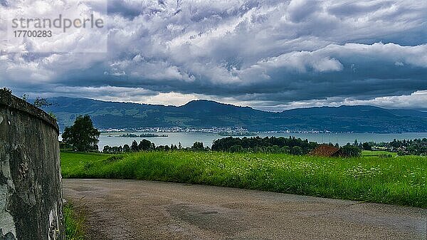 Blick auf Zürichsee und Albis  Gewitterwolken  Wolfhausen  Schweiz  Europa