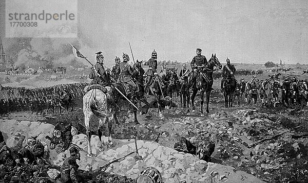 Die Schlacht von Mars-La-Tour fand am 16. August 1870 während des Deutsch-Französischen Krieges in der Nähe der Stadt Mars-La-Tour im Nordosten Frankreichs statt. General Moltke wartet auf die preußische Truppe  Historisch  digital restaurierte Reproduktion einer Vorlage aus dem 19. Jahrhundert
