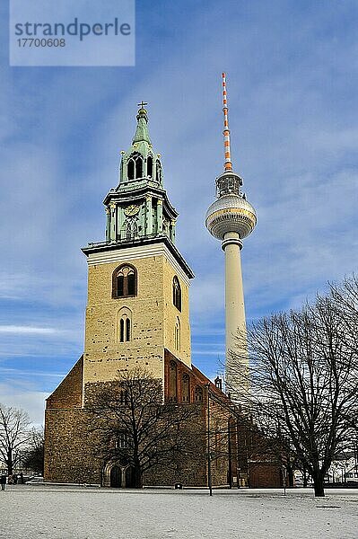 Marienkirche von 1250 und Fernsehturm  Alexanderplatz  Berlin Mitte  Deutschland  Europa