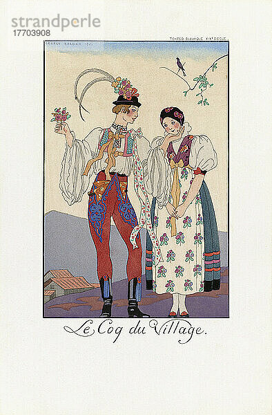 Le Coq du Village. Der Dorfschönling. Aus dem Almanach Falbalas et Fanfreluches 1922 - 1926 von George Barbier. Nach einem Werk des französischen Illustrators George Barbier  1882 - 1932.