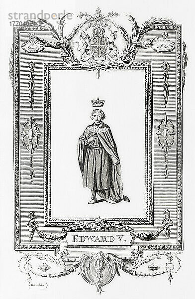 Edward V.  1470 - 1483. König von England für zwei Monate  bis er abgesetzt wurde. Er war einer der beiden Prinzen im Tower  die zusammen mit Richard Shrewsbury  Herzog von York  ermordet worden sein sollen. Nach einem Stich aus The New  Impartial and Complete History of England von Edward Barnard  veröffentlicht in London 1783.