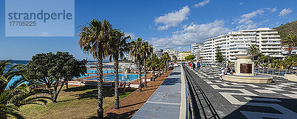 Schwimmbäder und eine Promenade mit Palmen am Sea Point in Kapstadt an der Küste Südafrikas; Kapstadt  Südafrika