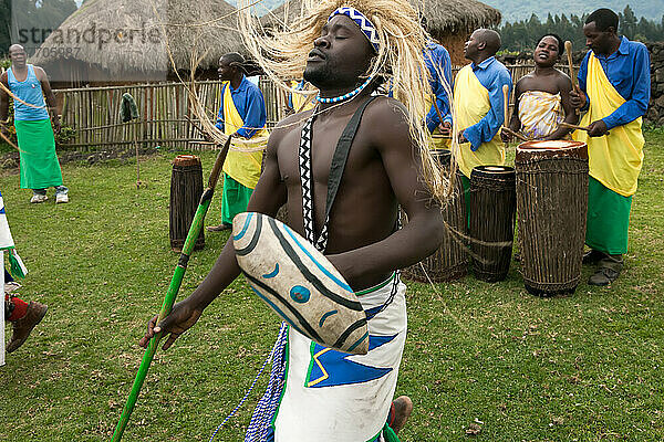 In einem kleinen Dorf verkleiden sich die Männer als Krieger und führen traditionelle Tänze auf  während andere Trommeln spielen; Volcanoes National Park  Ruanda