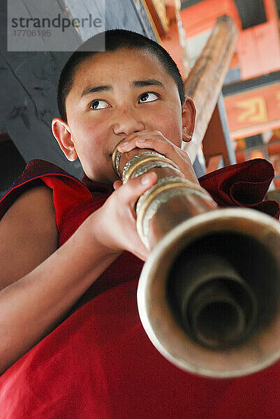 Im Punakha Dzong von Punakha  Bhutan  spielt ein junger Mönch eine Lingm  ein traditionelles Musikinstrument in Bhutan; Punakha  Bhutan