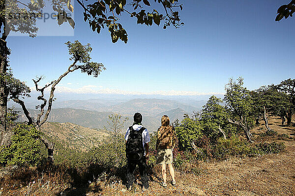 Touristen beim Wandern auf dem Kumaon Trek im indischen Himalaya; Utaranchal  Indien