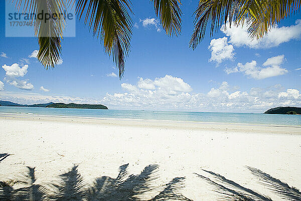 Malaysia  Pantai Cenang (Cenang Strand); Pulau Langkawi  Weißer Sandstrand mit Palmen und Blick auf das blaue Meer