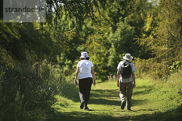 Wanderer auf dem berühmten 100-Meilen-Wanderweg Cotswold Way oberhalb von Cheltenham; Gloucestershire  England