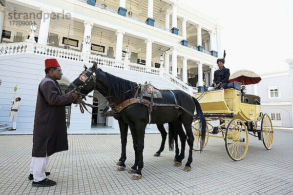 Ein Pferd und eine Kutsche vor dem Falaknuma-Palast; Hyderabad  Andhra Pradesh  Indien