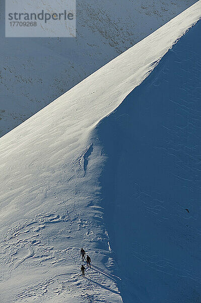 Wanderer klettern auf dem verschneiten Bergrücken von Sgorr Dhearg im Winter in der Nähe von Glen Coe; Highlands  Schottland