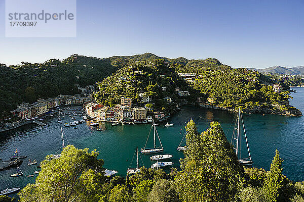 Ansicht des Hafens und der Gebäude entlang der Küste; Portofino  Ligurien  Italien