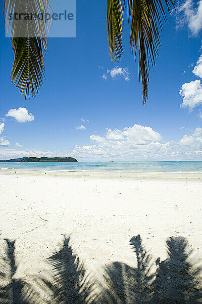 Weißer Sandstrand mit Palmen mit Blick auf das blaue Meer  den blauen Himmel und weiße Wolkenspantai Cenang (Cenang Beach)  Pulau Langkawi  Malaysia  Südostasien.