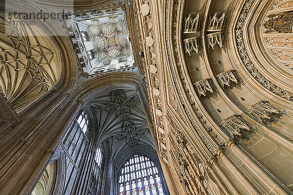 Low Angle View Of The Ceiling Inside Canterbury Cathedral; Canterbury  Kent  England