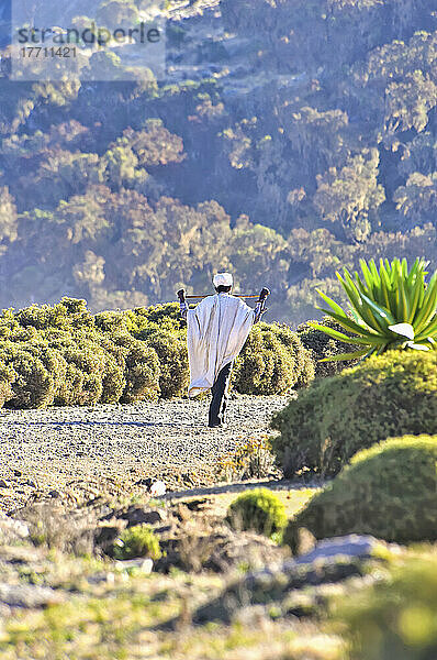 Mann beim Wandern im Simien-Nationalpark in Äthiopien; Äthiopien