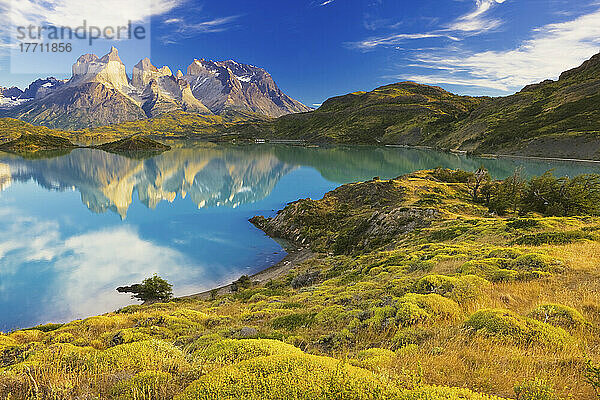 Die Cuernos del Paine spiegeln sich im Lago Pehoe im Torres del Paine National Park; Magallenes  Patagonien  Chile