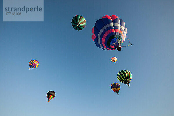 Mehrere Heißluftballons der Prosser Balloon Rally starten in einen blauen Himmel; Prosser  Washington