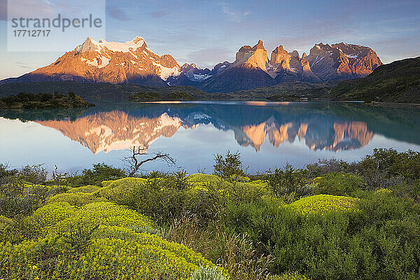 Cuernos del Paine spiegeln sich im Lago Pehoe bei Sonnenaufgang  Torres del Paine National Park; Magallenes  Patagonien  Chile