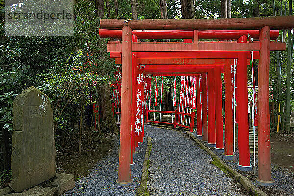Rote Pergola mit Rd-Pfosten  die einen Weg säumen; Japan