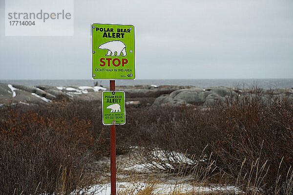 Eisbären-Warnschild an der Hudson Bay; Churchill  Manitoba  Kanada