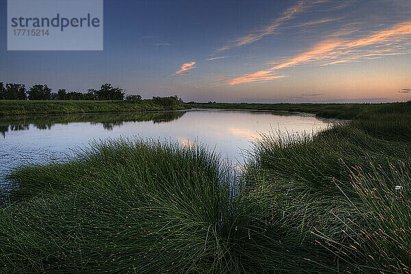 Farmteich bei Sonnenuntergang  in der Nähe von Bon Accord  Alberta