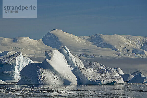 Gigantische Eisberge treiben in der Wilhelmina-Bucht vor der Enterprise-Insel auf der Antarktischen Halbinsel