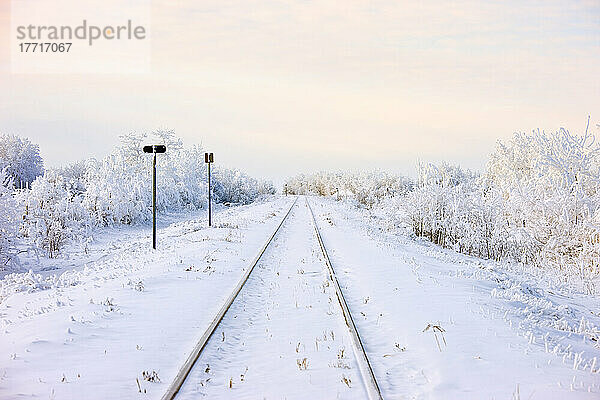 Mit Raureif bedeckte Eisenbahnschienen in der Prärie; Saskatchewan  Kanada