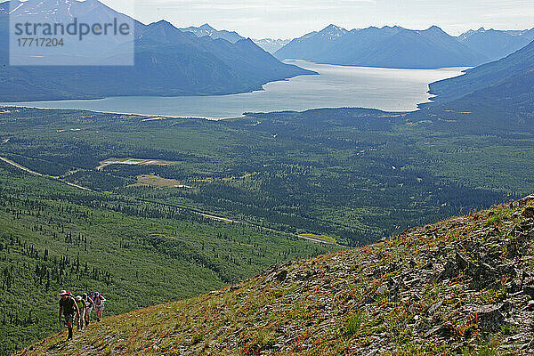 Wanderer auf dem Caribou Mountain mit dem Bennett Lake in der Ferne  Carcross  Yukon