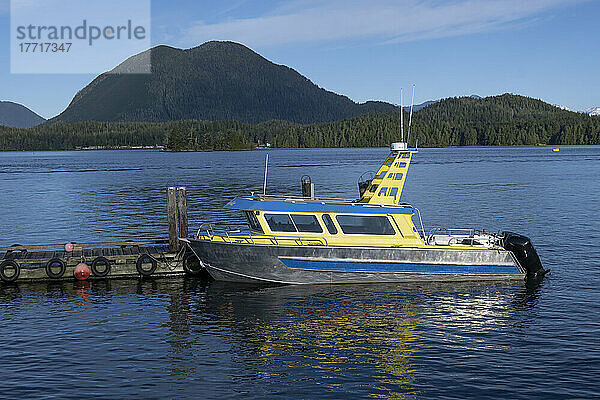 Motorboot an einer Anlegestelle auf Vancouver Island mit dem gemäßigten Regenwald entlang der Küstenlinie im Hintergrund; Tofino  British Columbia  Kanada