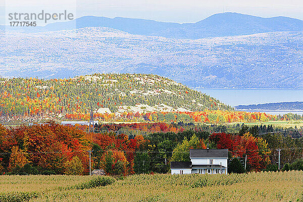 Blick auf ein Haus jenseits eines Feldes mit dem Sankt-Lorenz-Strom und den Bergen im Hintergrund  Saint-Pascal  Region Bas-Saint-Laurent  Quebec