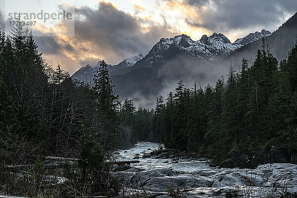 Naturschönheit auf Vancouver Island  mit einem durch den Wald fließenden Fluss und schroffen Bergen bei Sonnenuntergang; Alberni-Clayoquot Regional District  British Columbia  Kanada