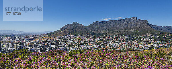 Überblick über die Skyline von Kapstadt und den Tafelberg vom Signal Hill aus; Kapstadt  Westkap-Provinz  Südafrika