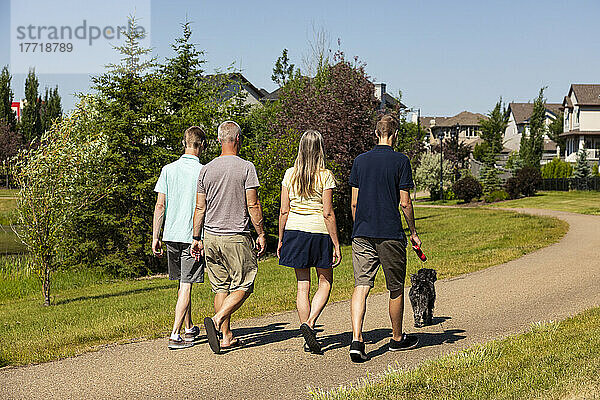 Familie mit zwei Söhnen im Teenageralter geht an einem schönen sonnigen Tag zusammen mit ihrem Hund in einem Park in der Nachbarschaft spazieren; Edmonton  Alberta  Kanada