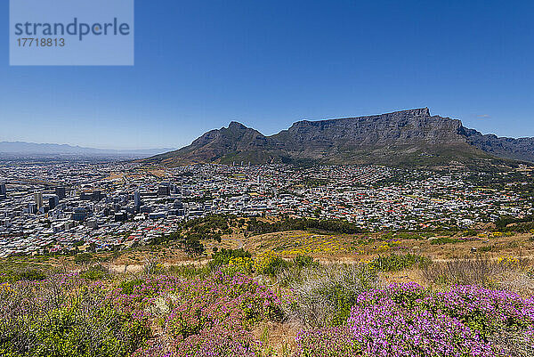 Überblick über die Skyline von Kapstadt und den Tafelberg vom Signal Hill aus; Kapstadt  Westkap-Provinz  Südafrika