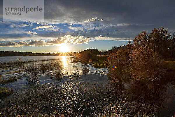 Sunburst der untergehenden Sonne über einem See im Herbst; 108 Mile House  British Columbia  Kanada