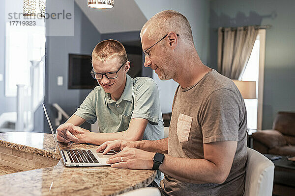 Vater und Sohn benutzen gemeinsam einen Laptop zu Hause; Edmonton  Alberta  Kanada